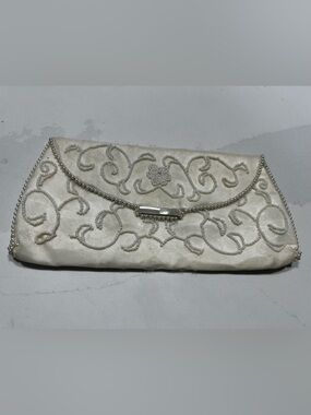 Elegant White Beaded Satin Clutch